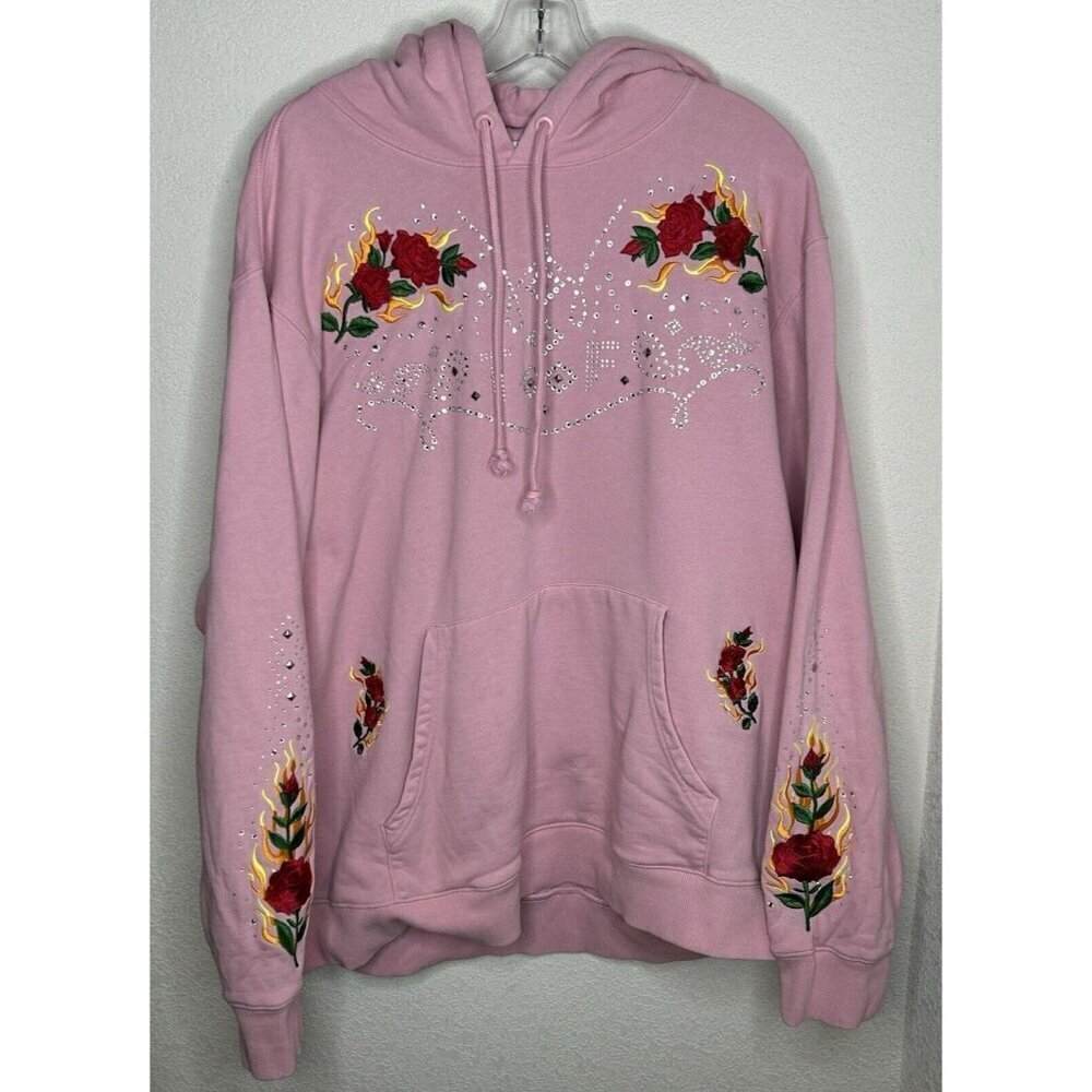 Teddy Fresh Hoodie Womens 2X Pink Embroidered Floral Bling Pullover Plus Size